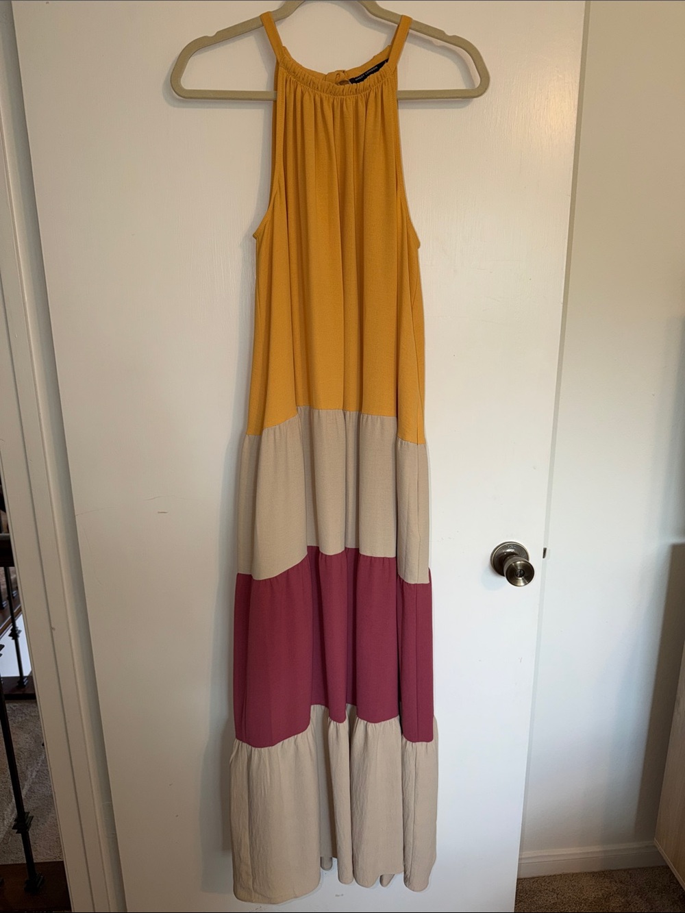 Maggy London Colorblock Halter Maxi Dress in Mustard, Cream & Rosewood